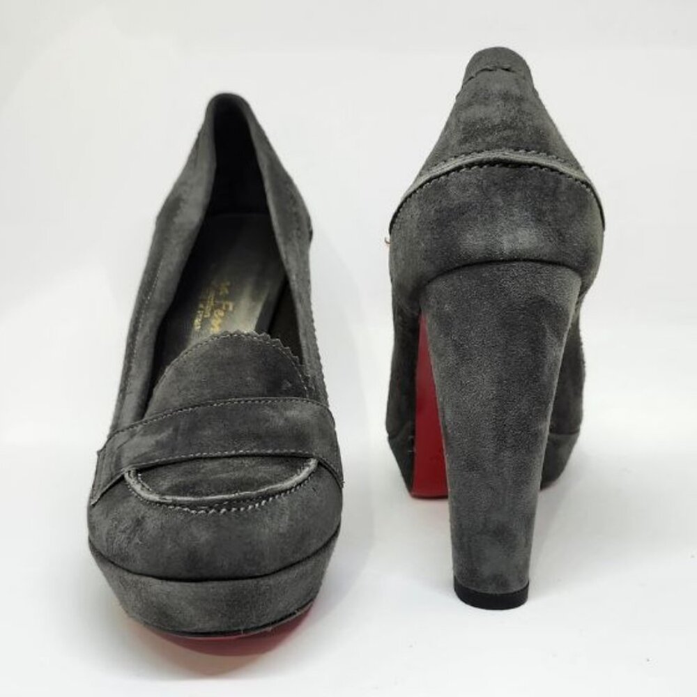 Laura Ferri Women's Grey Suede Block Heel Loafer W/Red Bottoms Size 7 & 8.5 - Picture 3 of 8
